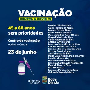 VACINAÇÃO CONTRA A COVID-19 – 45 a 60 anos sem prioridade