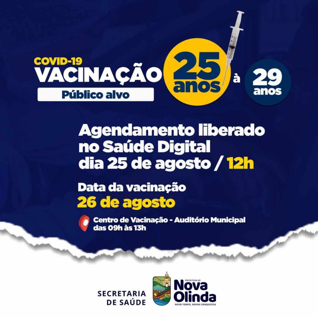 Secretaria de Saúde abre agendamento para público de 18 a 24 anos e de 25 a 30 anos